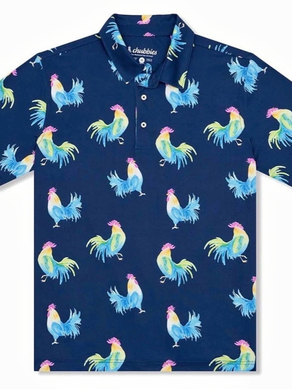 chubbies The Free Play Performance Polo Rooster Print Polo in Blue Size Small